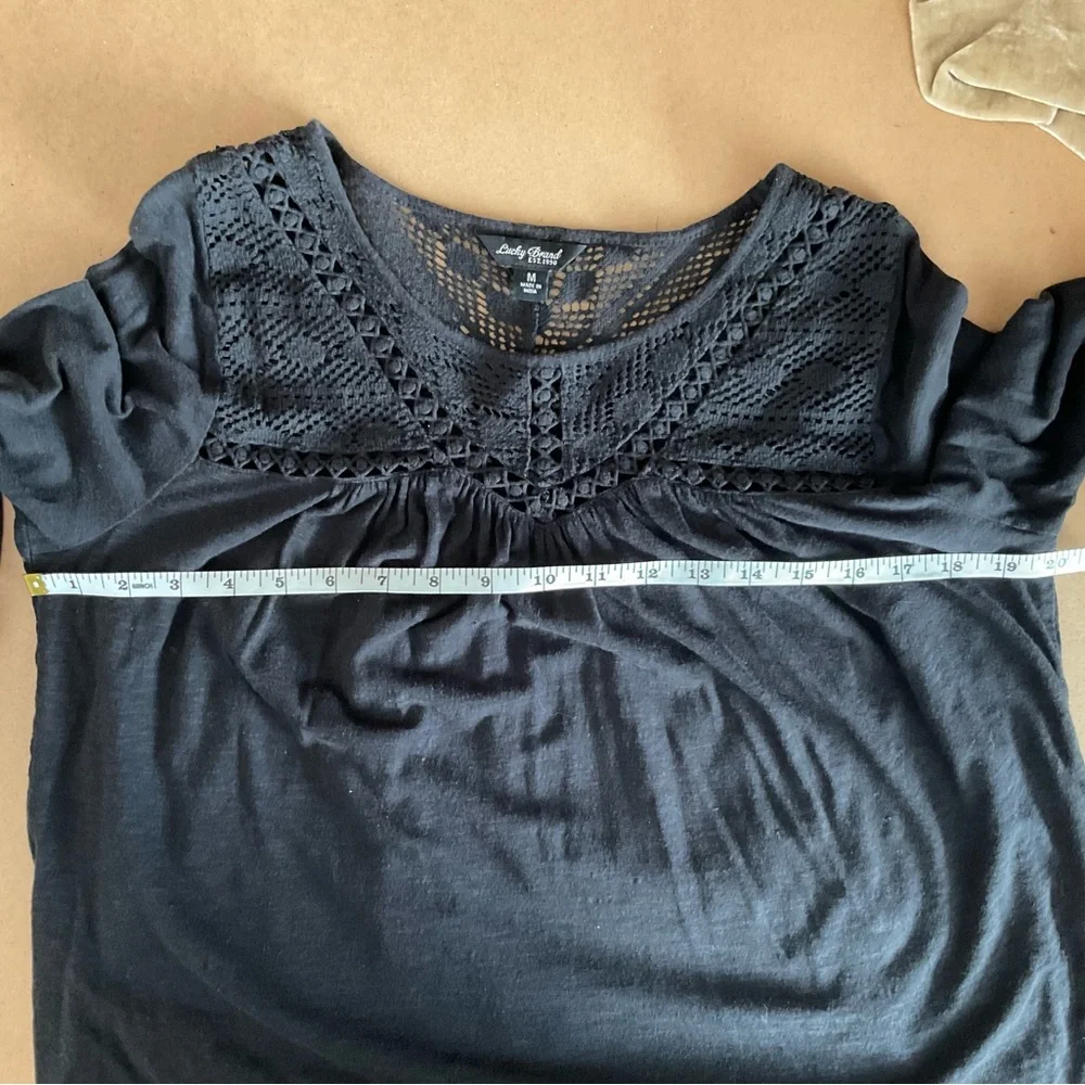 Lucky Brand Crochet Accent 3/4 Sleeve Boho Top Black Medium - Picture 7 of 7